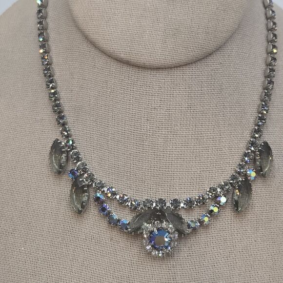 Vintage 15” AB Marquise Rhinestone Flower Choker Open Back Necklace Silver Tone - Picture 1 of 5